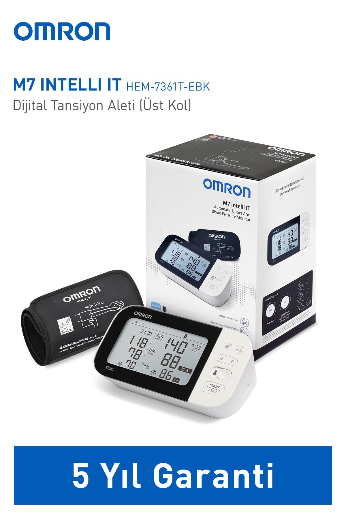 Omron M7 Intelli IT Üst Koldan Dijital Pilli Tansiyon Aleti – AFib Göstergeli, Bluetooth, Akıllı Manşetli