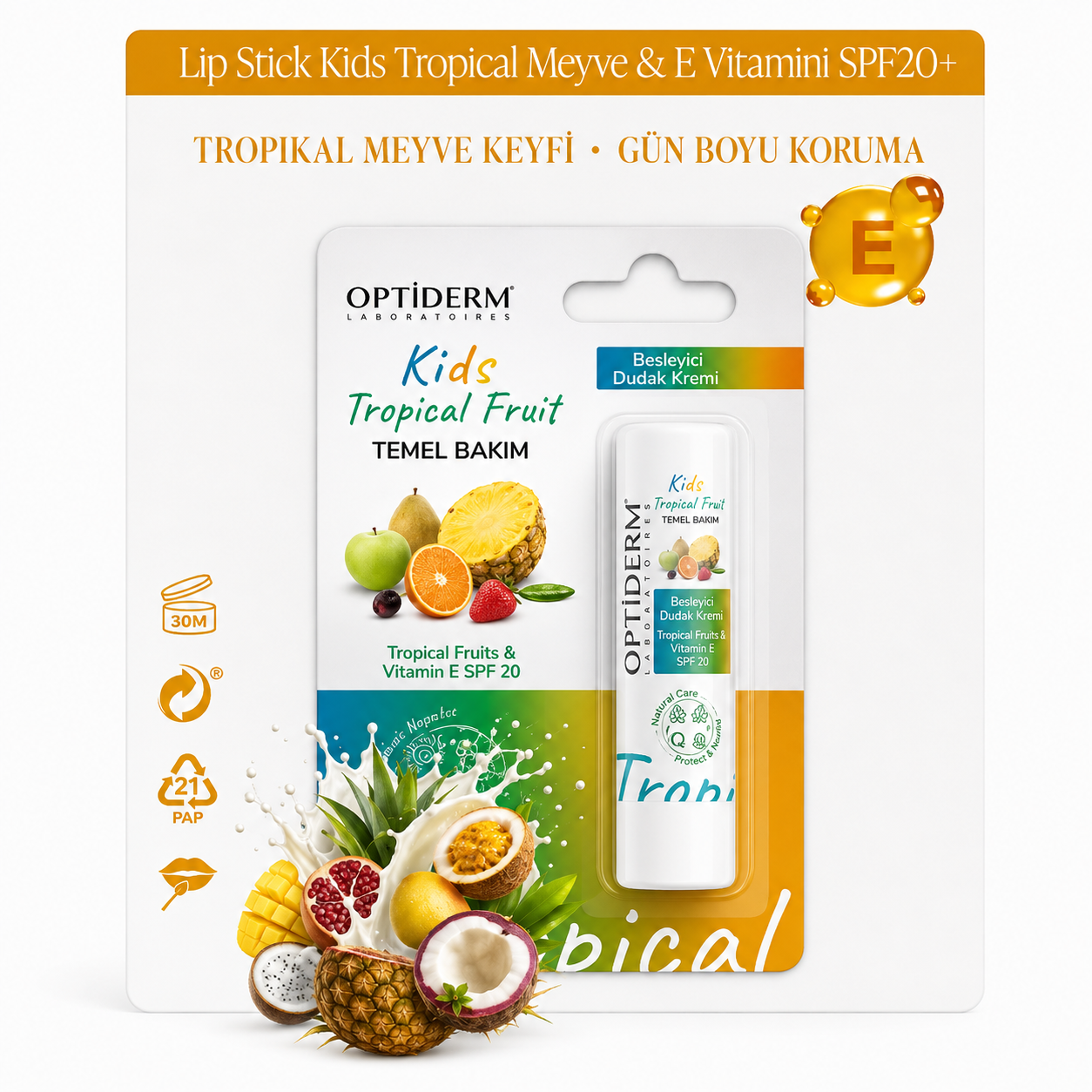Optiderm Lip Stick Kids Tropical Meyve & E Vitamini SPF20+