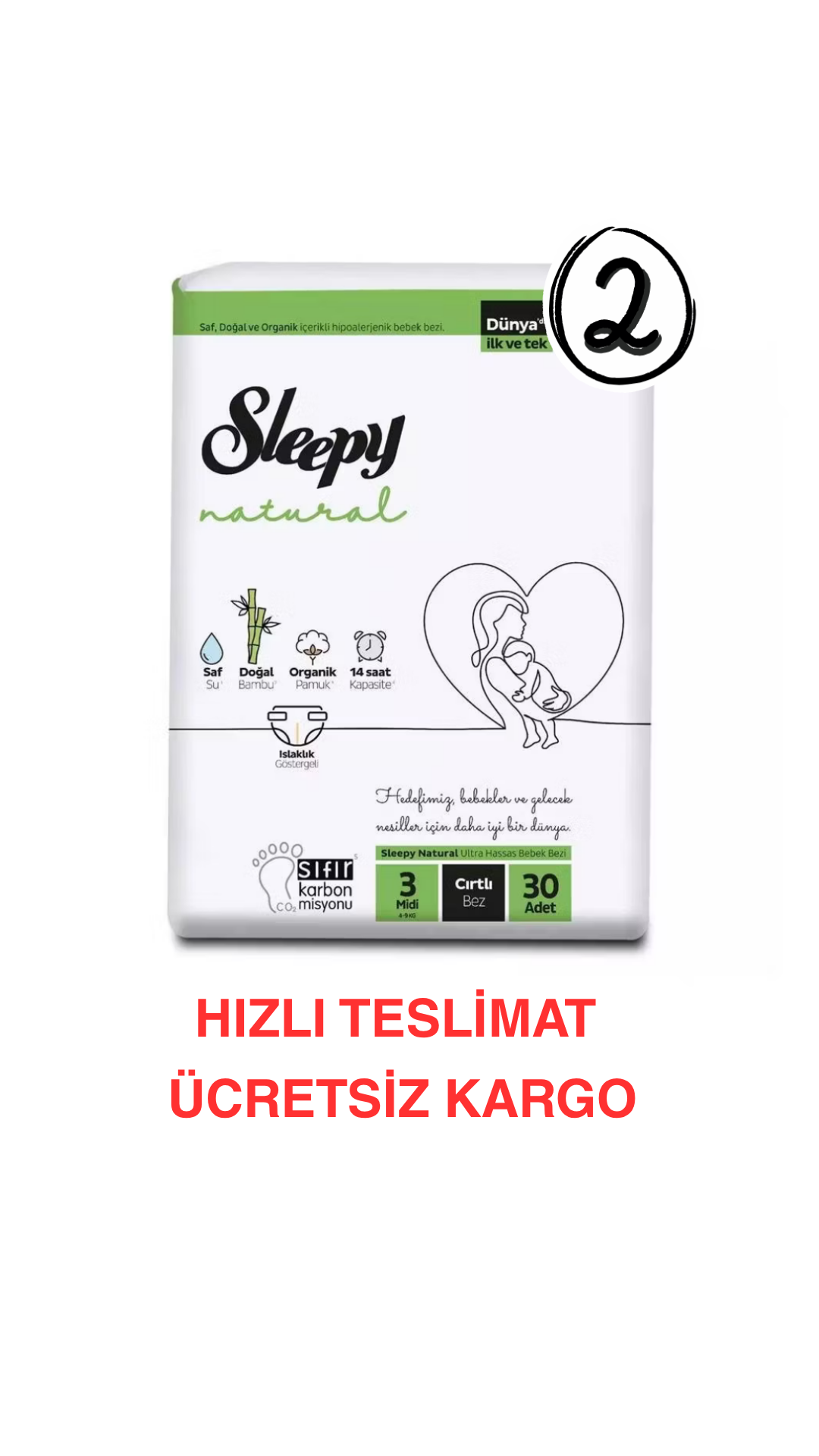 Sleepy Natural Bebek Bezi 3 Numara Midi 30'lu 2 Paket