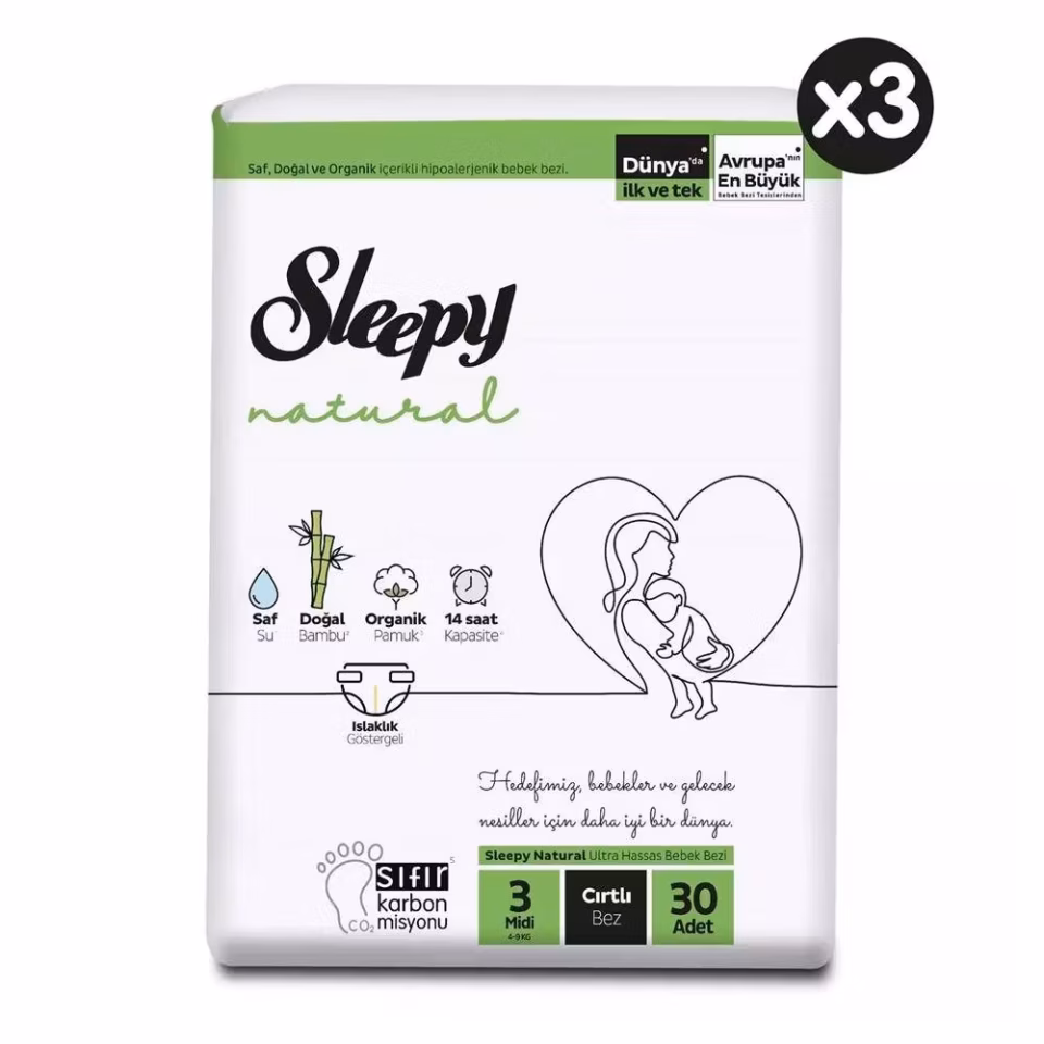 Sleepy Natural Bebek Bezi 3 Numara Midi 30'lu 3 Paket Maksimum Emicilik & Maksimum Konfor ( EKONOMİK PAKET )