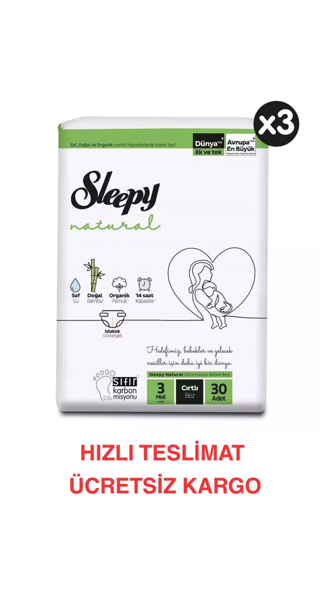 Sleepy Natural Bebek Bezi 3 Numara Midi 30'lu 3 Paket