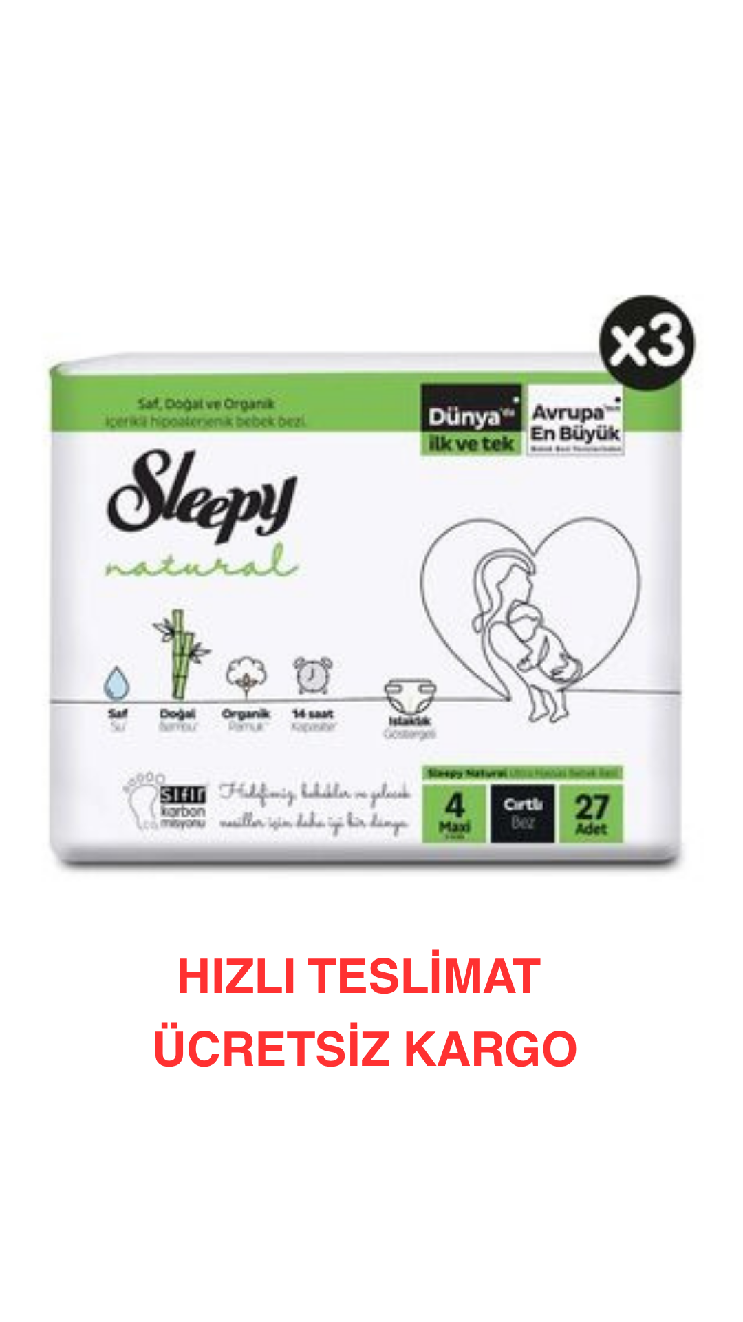 SLEEPY Natural Bebek Bezi 4 Numara 27'li 3 Paket