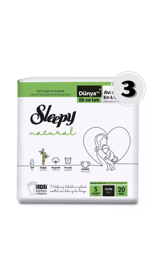 Sleepy Natural 5 Numara Bebek Bezi 20'li 3 Paket Maksimum Emicilik & Maksimum Konfor ( EKONOMİK PAKET )