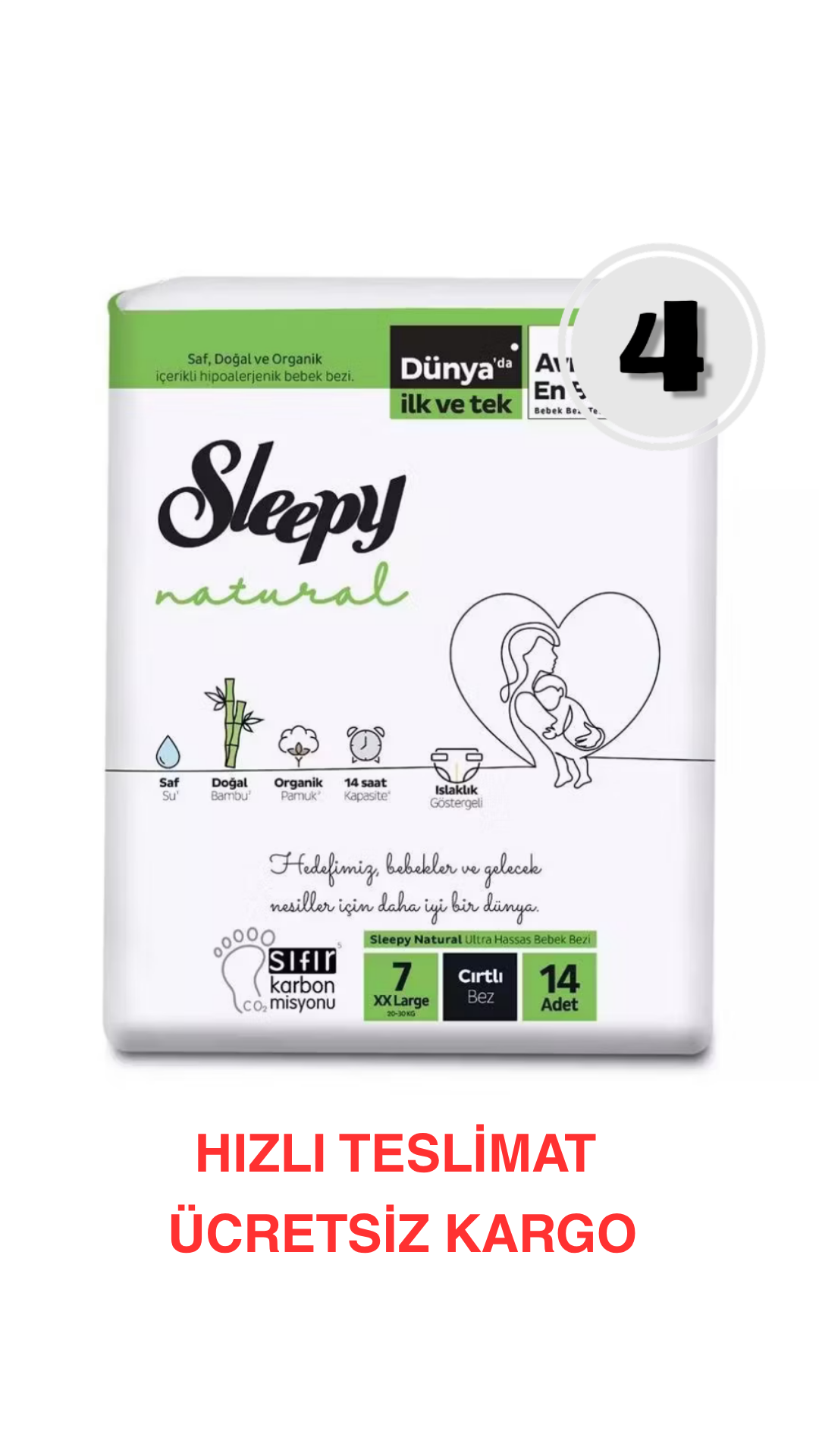 Sleepy Natural Jumbo Bebek Bezi Xxl 7 Numara 14'lü 4 Paket