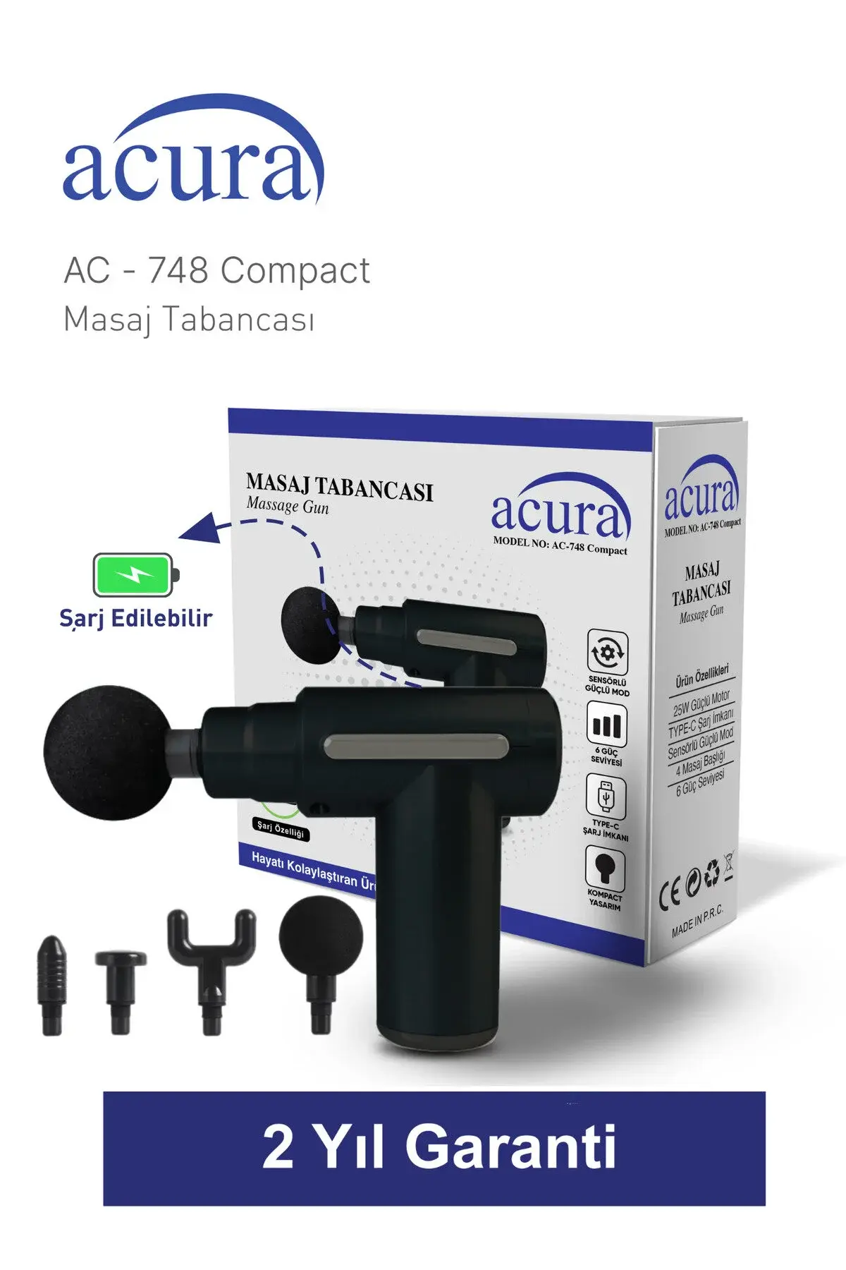 Acura AC-748 Compact 6 Kademeli 4 Başlıklı Masaj Tabancası Mini