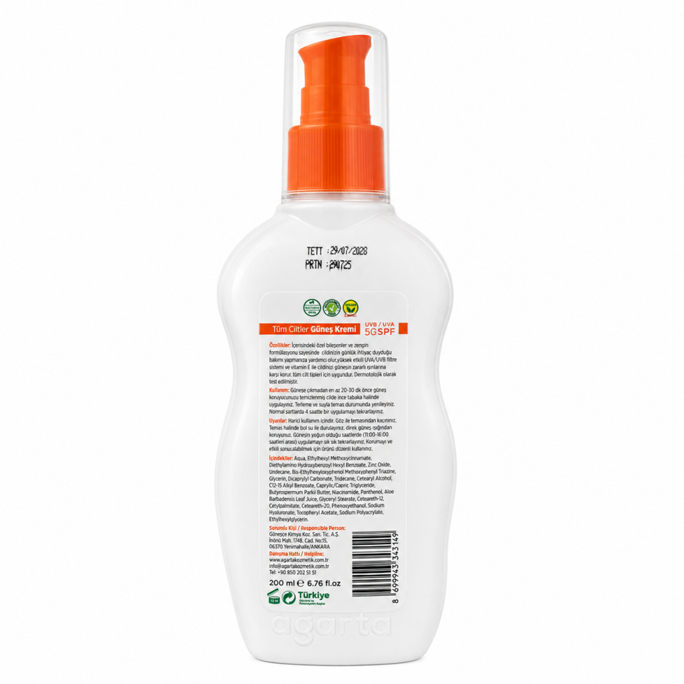 Agarta SPF 50+ Yüz ve Vücut Yetişkin Güneş Koruyucu 200 ml