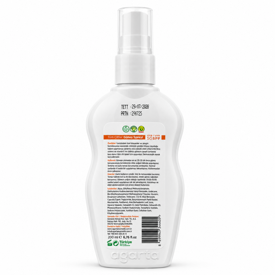 Agarta SPF 50+ Yüz ve Vücut Güneş Koruyucu Sprey 200 ml