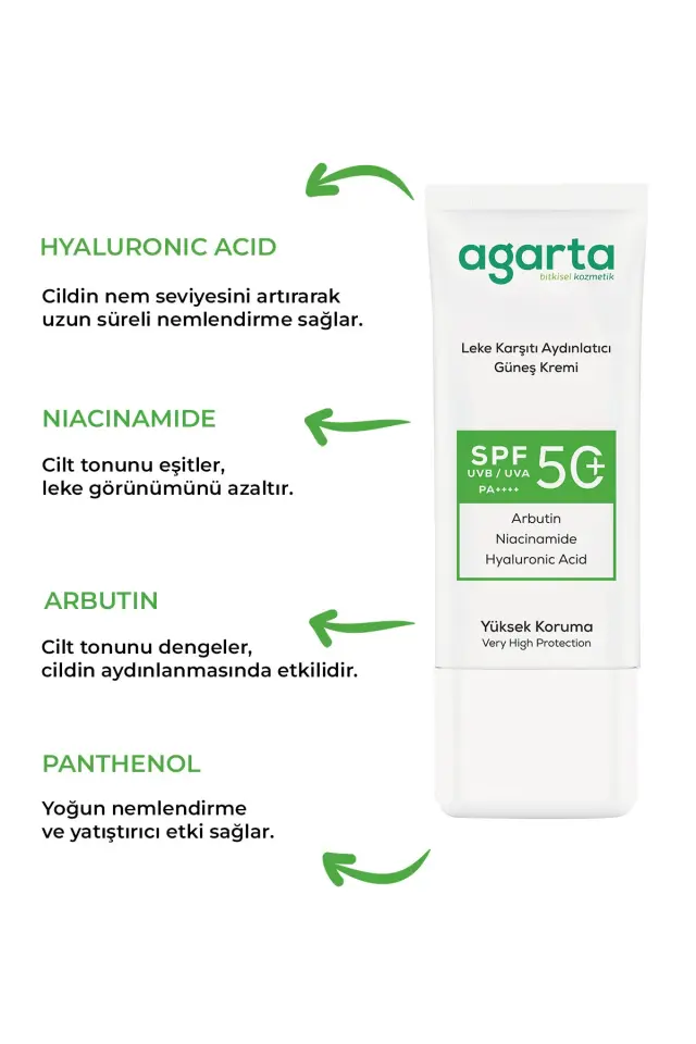 Agarta Leke Karşıtı Aydınlatıcı Spf+50 Yüz Güneş Kremi 50 Ml