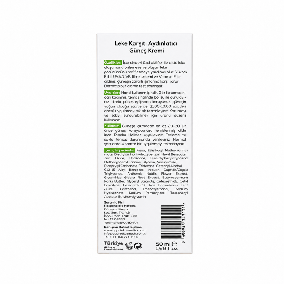 Agarta Leke Karşıtı Aydınlatıcı Spf+50 Yüz Güneş Kremi 50 Ml