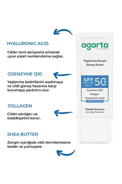 Agarta Yaşlanma Karşıtı Collagen Destekli Spf+50 Yüz Güneş Kremi 50 Ml