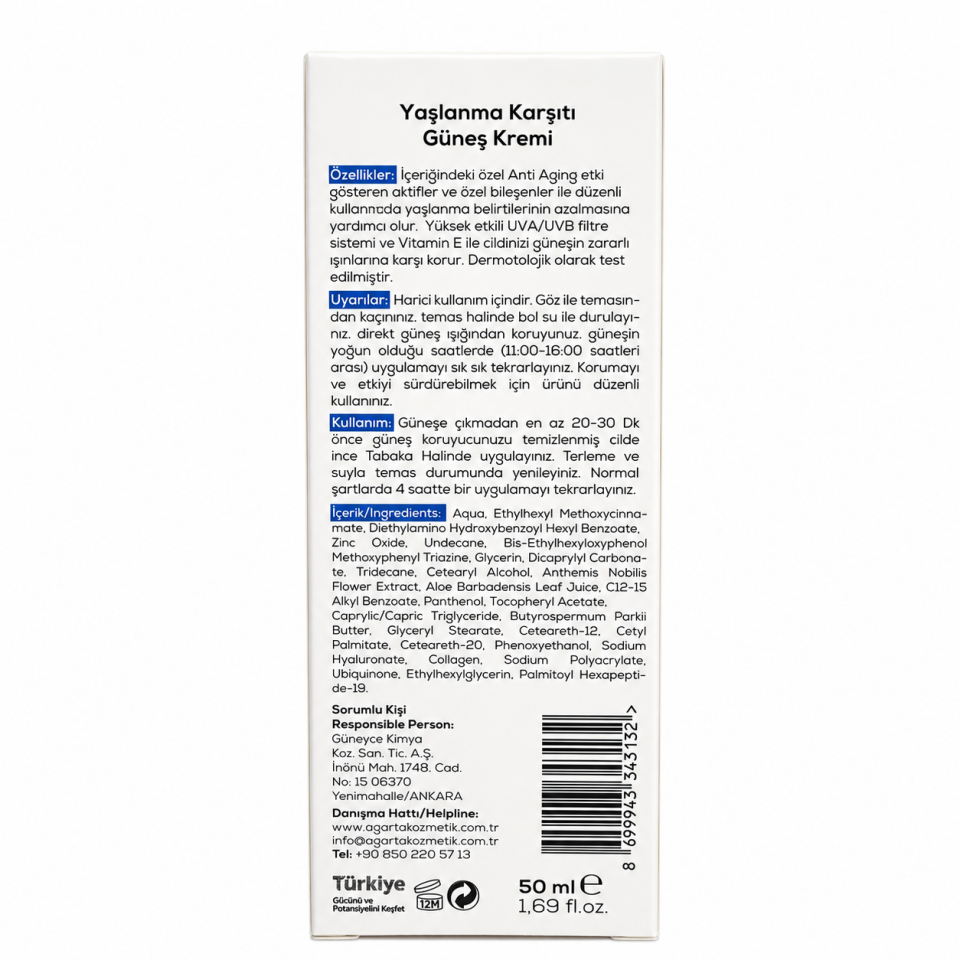 Agarta Yaşlanma Karşıtı Collagen Destekli Spf+50 Yüz Güneş Kremi 50 Ml