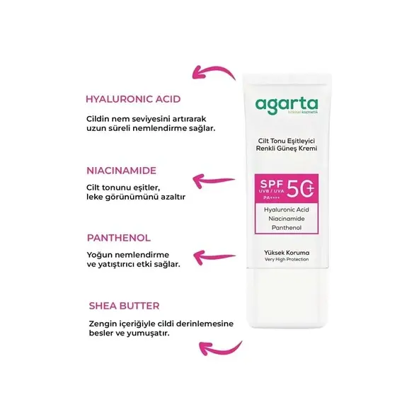 Agarta Cilt Tonu Eşitleyici Renkli Kapatıcı Etkili Spf+50 Güneş Kremi 50 Ml